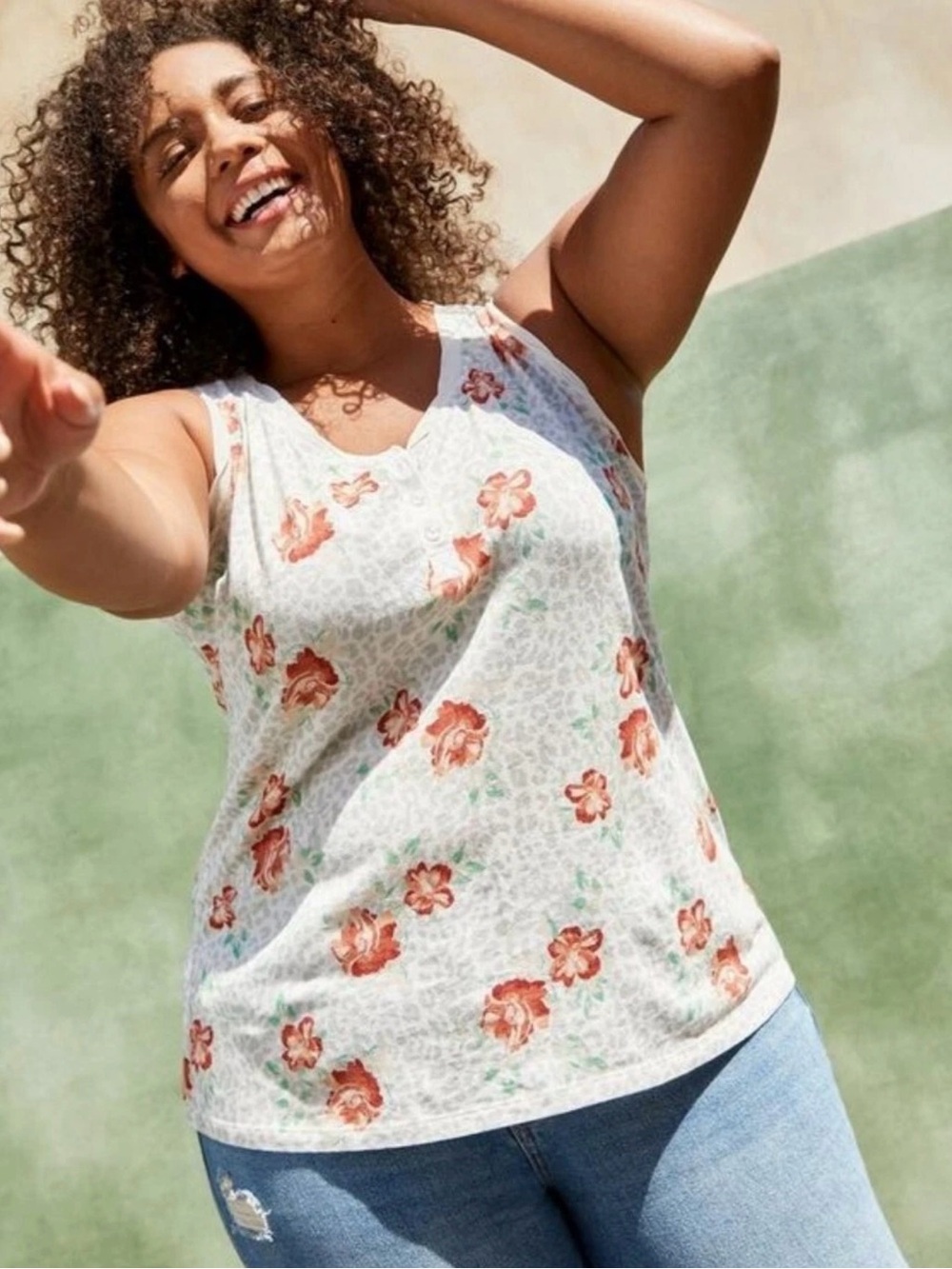 torrid White Tank Top with Coral Floral Print